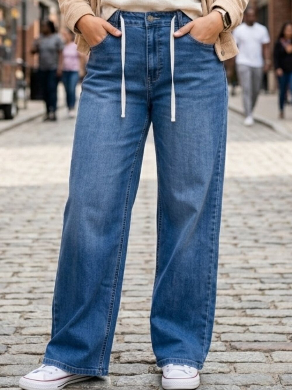 d.jeans Woman's Medium Wash Baggy Wide Leg Drawstring Waist Denim Pants Size 14